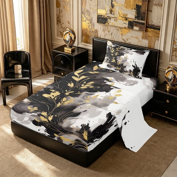 Castle Fairy Abstract Watercolor Wash Splash Twin Sheets 3pcs,Retro Aesthetics Gold Leaves Bedding,Black Gold,1 Flat Sheet, 1 Fitted Sheet and 1 Pillowcase