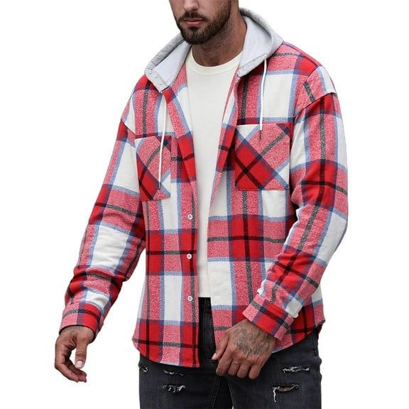 Bzhegqhd Men's Hooded Checkered Print Shacket Long Sleeve Button Up Casual Jacket with Pocket Warm Fleece Lined Streetwear Urban Style Outdoor Coat