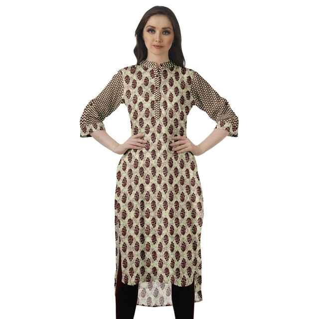 Moomaya Kurti en Coton à Col Mandarin pour Femmes, Longueur Genou, Imprimées, Robes Grande Taille