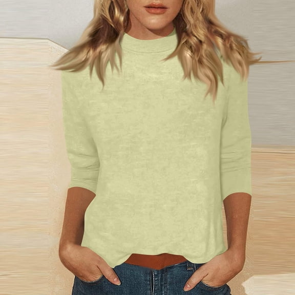 Mock Neck Tops for Women 3/4 Sleeve, Solid Color Loose Fit Pullover T-Shirt, Lightweight Casual Work Blouse for Everyday Wear, Spring Outfits 2026, Street Style and Office Beige L