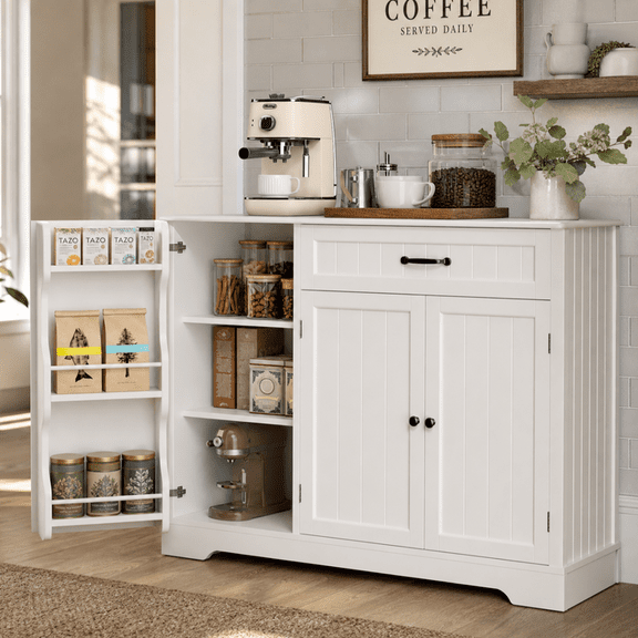 Aiho 42” Coffee Bar Cabinet with Storage, Kitchen Storage Cabinet, Sideboard Buffet Cabinet with 8 Shelves, 1 Drawer - White