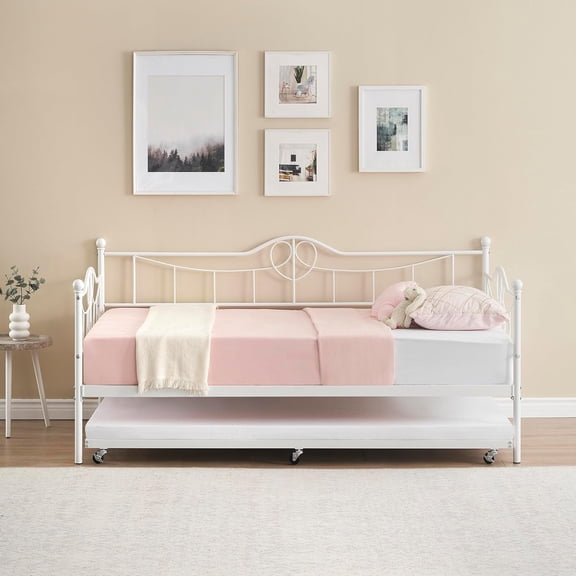 Garvee Twin Heart-Shaped Metal Sofa Bed Frame with Underbed Set – Daybed with Trundle and Steel Slat Support, Stylish Convertible Sofa for Living Room, Guest Room & Bedroom – White