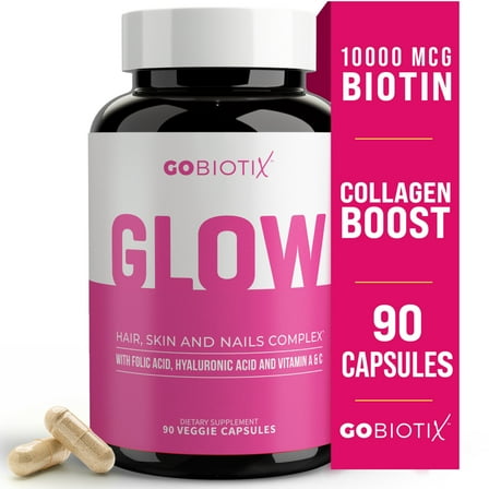 GoBiotix Glow Biotin 10000mcg, Collagen Boost Hair, Skin & Nails Multivitamin with Hyaluronic Acid, 90 Caps