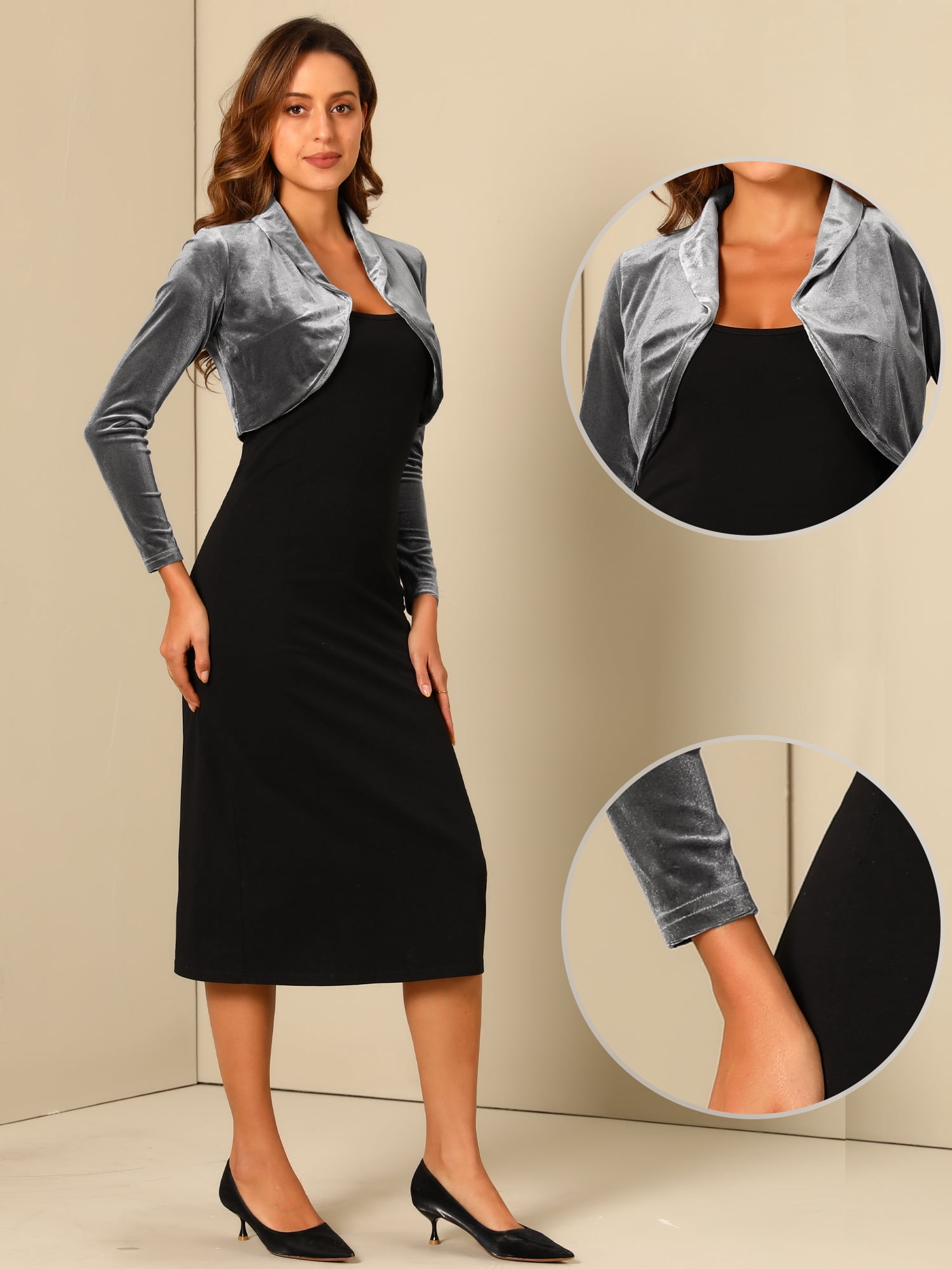 DARING DIVA Open Front Collar Shrug Cocktail Bolero Cardigan S Grey