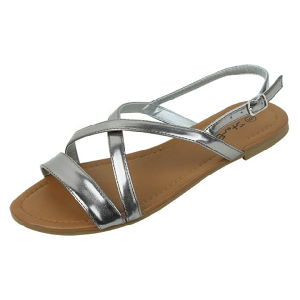 Starbay Women's Peep Toe Shiny Strappy Sandals Flats -
