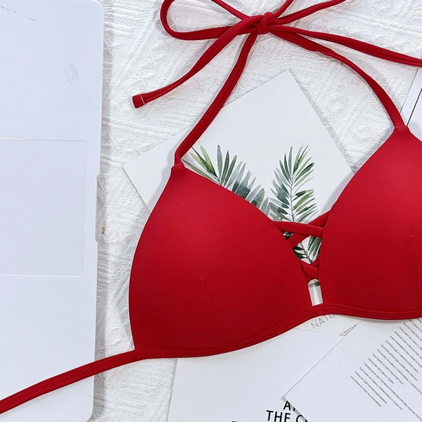 Red Ribbed Recycled Microfiber Push-Up Bikini Top 