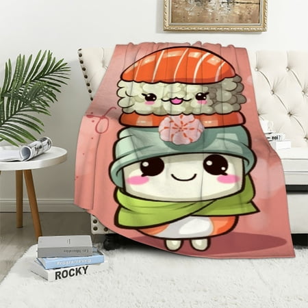 Orinice Cute Sushi Blanket Pink Japanese Food Kawaii Roll Smiling Faces Throw Blankets Gifts for Kids Adults Lightweight Soft Fleece Cozy for Sofa Couch Bed Room Birthday Decor 50x60in 40x50in