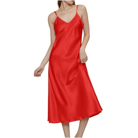 Tao Tao Women s Satin Nightgown Spaghetti Strap Slip Nightdress Chemise Negligee Lingerie Red L