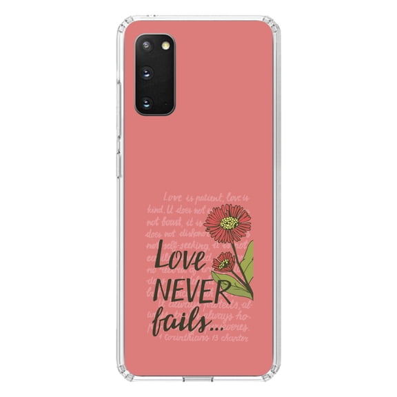 DistinctInk Clear Shockproof Hybrid Case for Galaxy S20 / S20 5G (6.2" Screen) - TPU Bumper, Acrylic Back, Tempered Glass Screen Protector - 1 Corinthians 13 - Love Never Fails - Flower