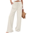 thumbnail image 4 of Flowy Palazzo Pants for Women with Pockets Casual Wide Leg Pants Lounge Cruise Beach Vacation Clothes Uncuffed Elastic Waist Boho Trousers, Beige, 30" Inseam, S, 4 of 7