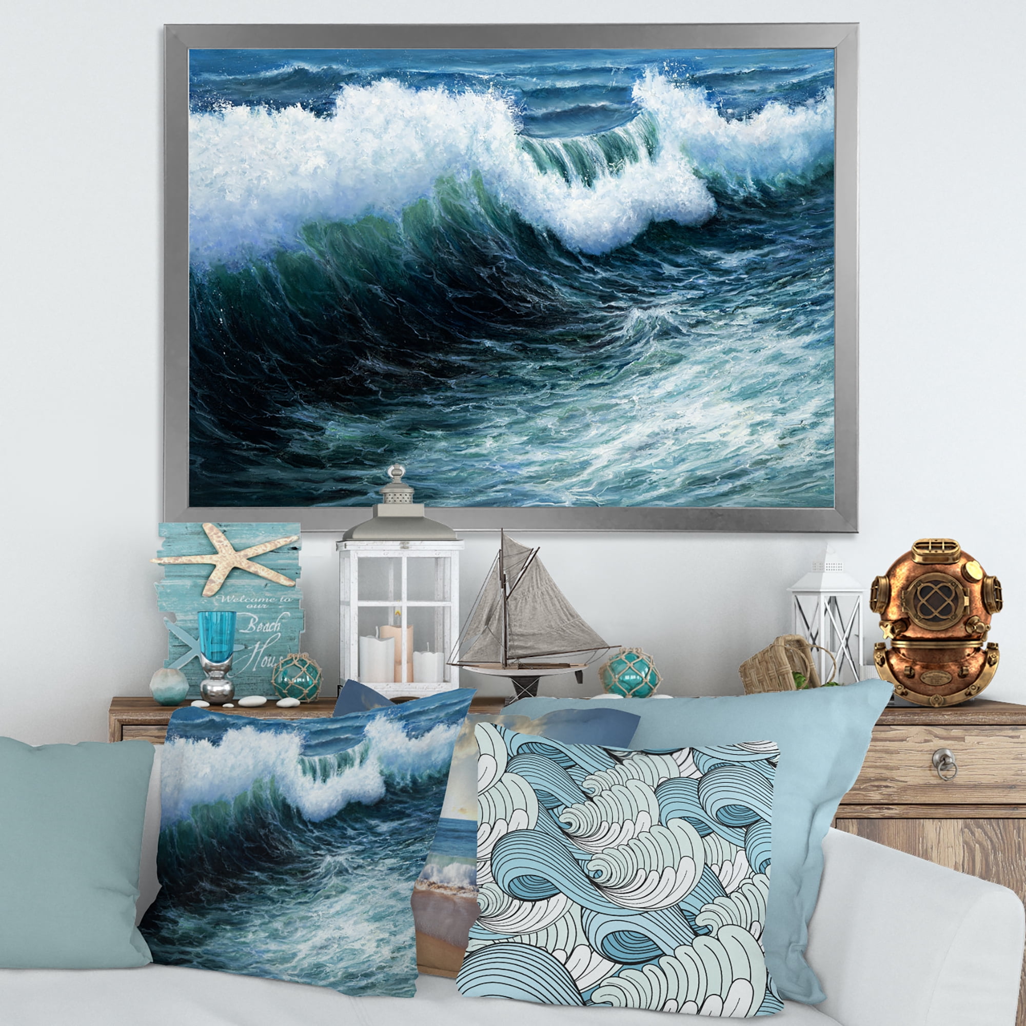 Designart 'The Ocean With Storm Waves' Nautical & Coastal Framed Art Print