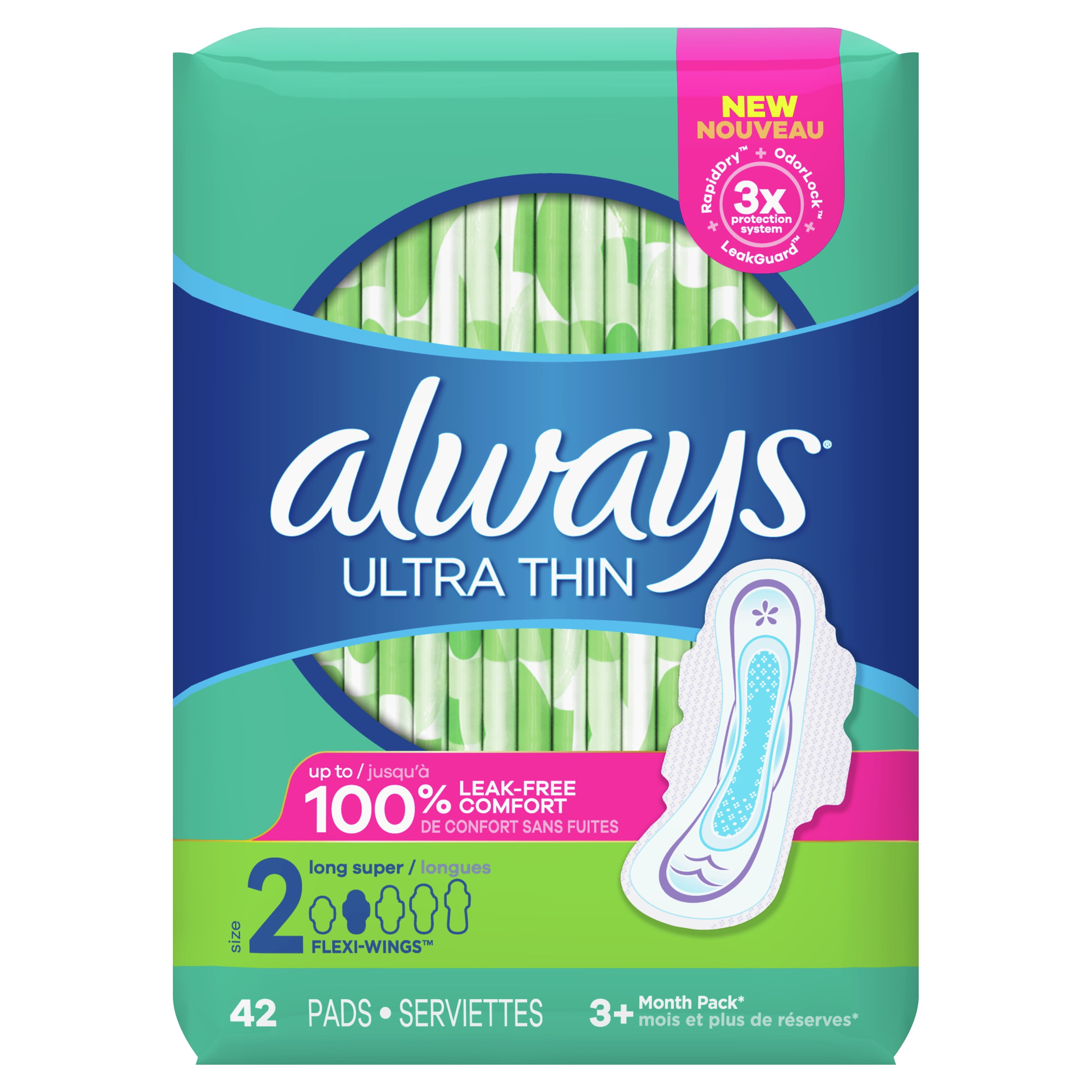 Always Ultra Thin Super Pads with Wings, Unscented, Size 2, 42 Ct