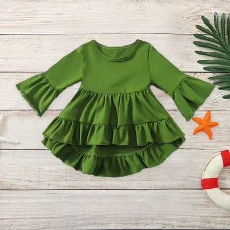 

Geire Toddler Girls Cute Tops Solid Round Collar Ruffled Hem Trumpet Long Sleeves Top Bottoming Shirt Size 1-6 Years