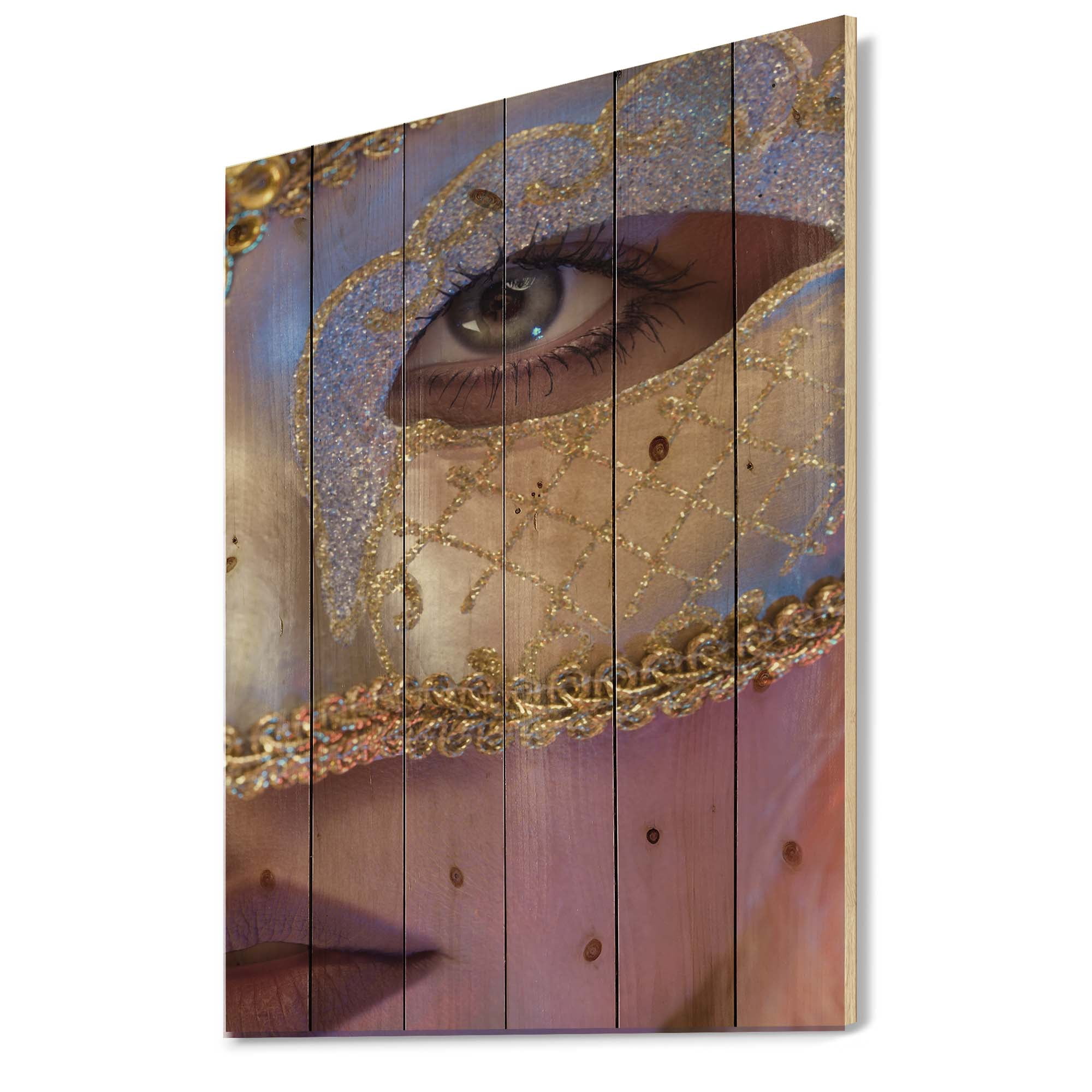 Designart 'Venetian Mask On Female Face' Modern Print on Natural Pine Wood