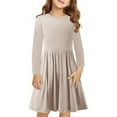 thumbnail image 2 of Gpaecead Girls Dress Long Sleeve Solid Color Stretchy Flared Flowy Midi Dresses Twirly Skater Dress Khaki, 2 of 9