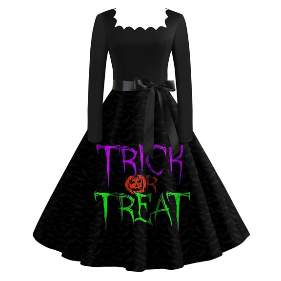 WTOBBY Women's Fashionable Retro Long-Sleeved Square-Neck Halloween Printed Evening Dress - Elegant and Glamorous Gown for Formal Events,Black L