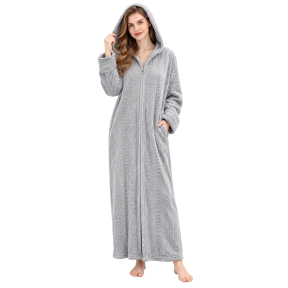 Robes for Women, LOFIR Womens Hooded Plush Robe Zip up Front Long Fleece Bathobe for Women with Pocket, House Coat Moomoo Nightgowns Loungewear Sleepwear for Elderly Women Gift, (S/M, Light Gray)