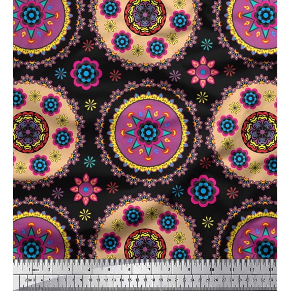 Soimoi Cotton Duck Fabric Floral Mandala Printed Fabric 1 Yard 42 Inch Wide