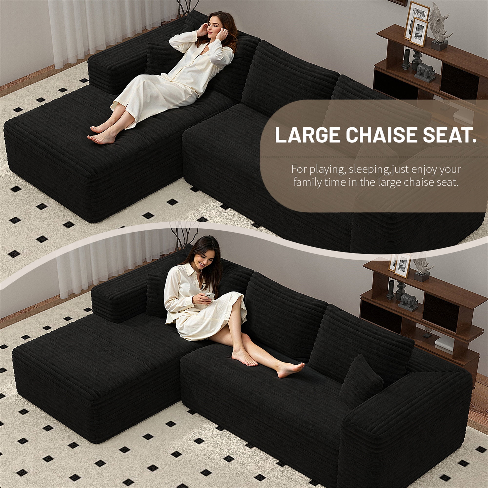 Aukfa 106" Cloud Sectional Sofa Boneless Couch Modular Sofa Bed for Living Room, 2Pillows, Left Chiase, Corduroy, Black