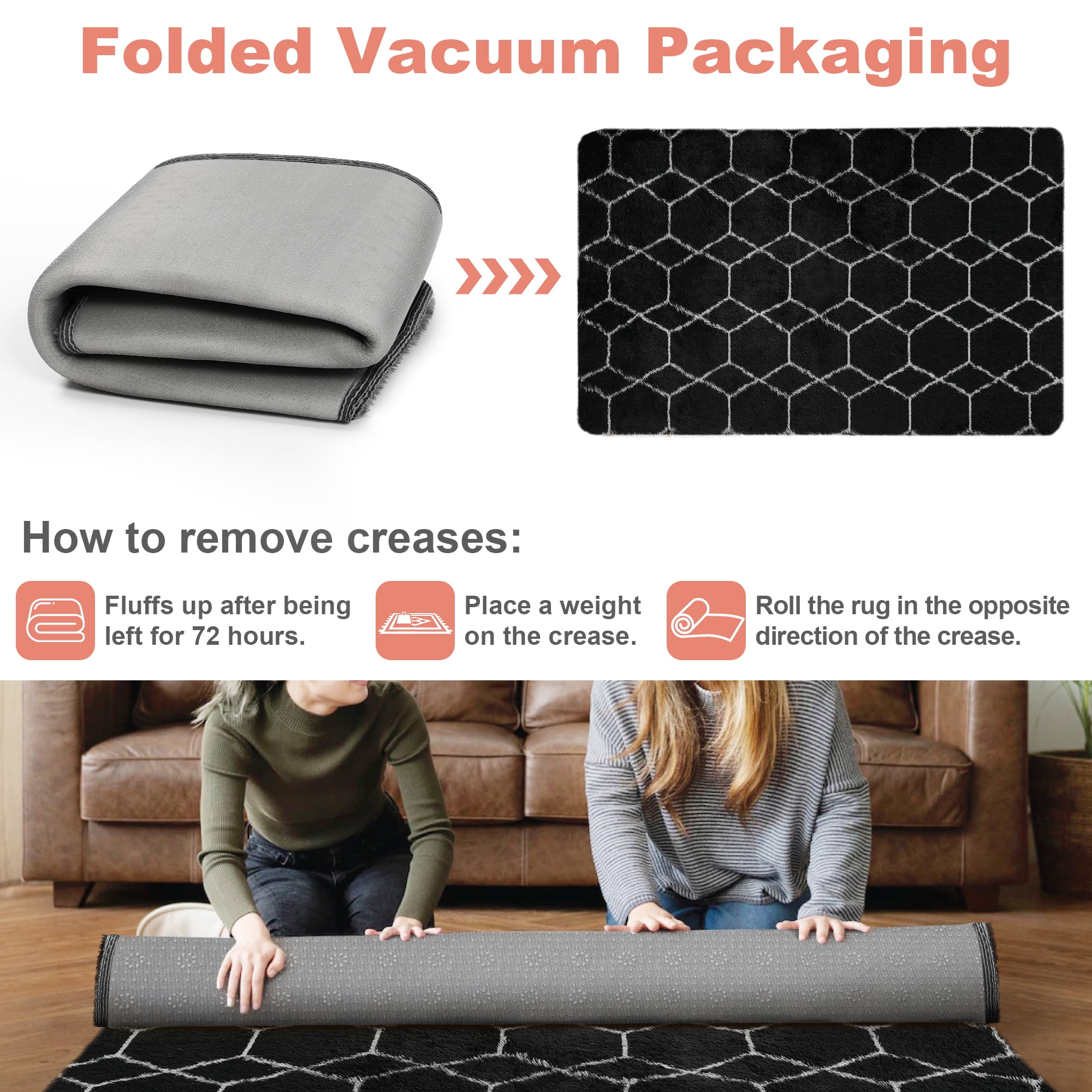 Nefoso Shag Geometric Area Rug, 5ft x 8ft Soft Fluffy Area Rugs for Living Room Bedroom Decor Carpet, Black & White