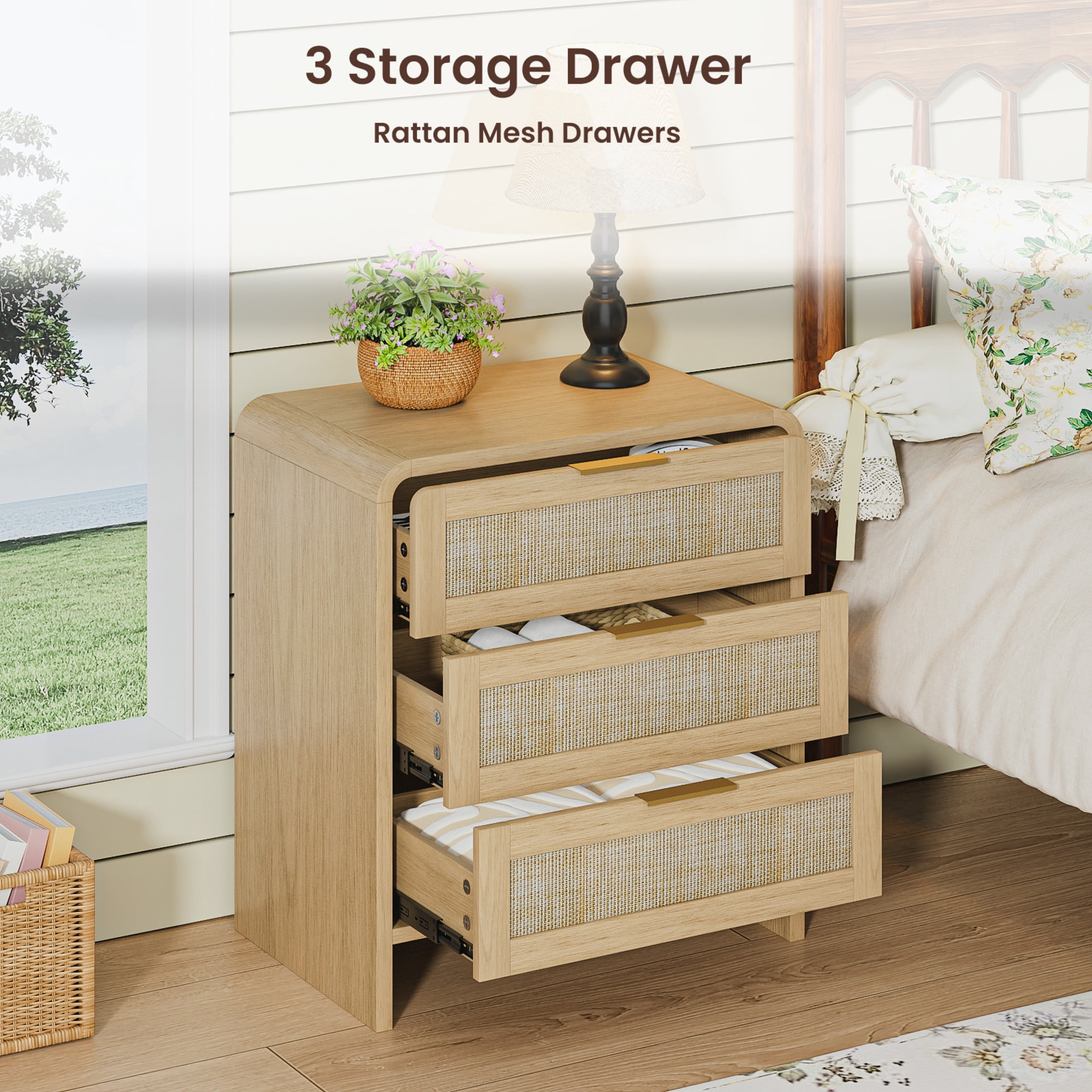 Noble House Felix 23" Rattan Wooden Nightstands, 3-Drawer Curved Bedside Tables with Gold Handles, Oak