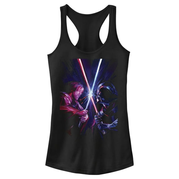 Junior's Star Wars: Obi-Wan Kenobi Vader vs Kenobi Artistic Lightsaber Duel Racerback Tank Top Black X Small