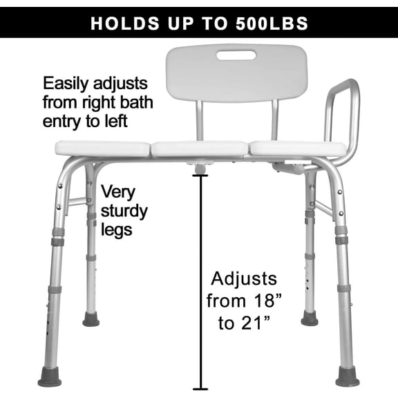 Adjustable Shower Bench Seat with Backrest for Seniors and Disabled - White Tub Transfer Chair