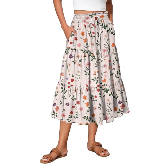 Yucgh Women's Tiered Flowy Floral Skirt with Drawstring High Waist, Pleated Midi Beach Skirt, Lightweight Summer Long Skirt for Casual Wear,Pink,2XL