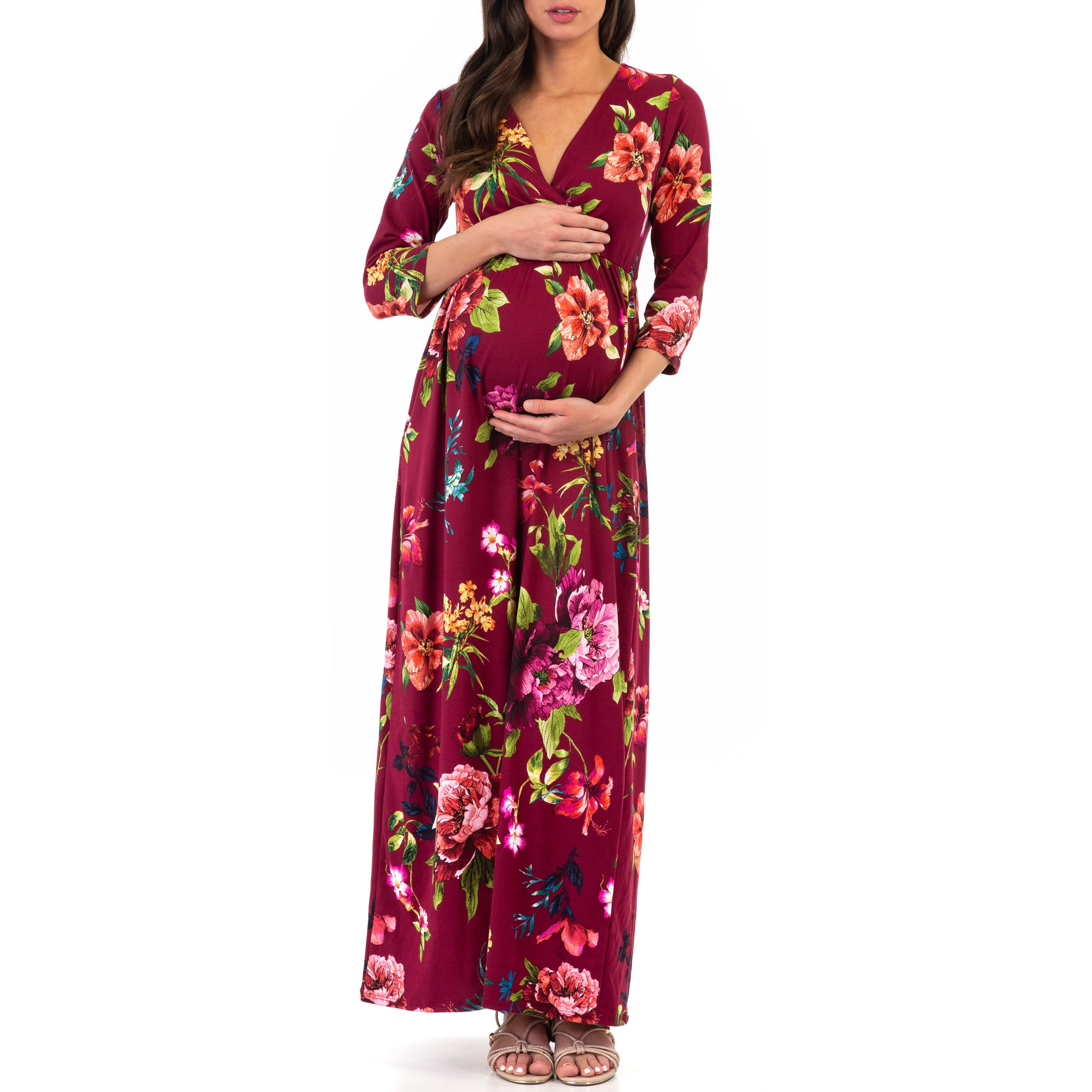 Mother Bee Maternity V-Neck 3/4 Sleeve Ruched Waist Dress 