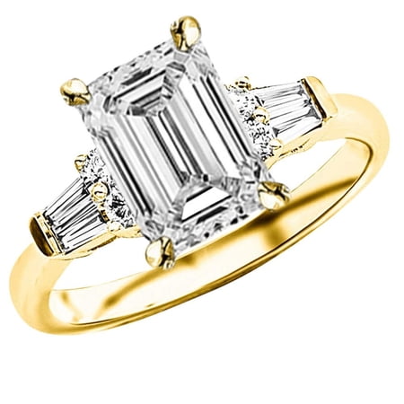 Houston Diamond District 2 to 5.5 Carat Center LAB GROWN DIAMOND Prong Set Round And Baguette Emerald Cut Diamond Engagement Ring (E-F Color VS1-VS2 Clarity) 14K Yellow Gold 4.5 Carat Center Size-8.5