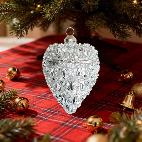 Valentines Day Heart Ornaments 3.5" Glass Beaded Heart Locket Ornaments Glitter Sequin Heart Shaped Baubles Decoration Valentines Pearl Hanging Decor Valentine's Day Decorations