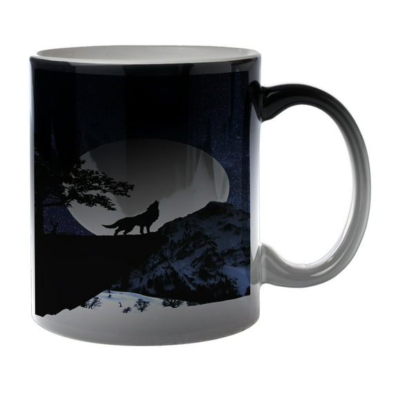 KuzmarK Black Heat Morph Color Changing Coffee Cup Mug 11 Ounce - Wolf Full Moon Stars