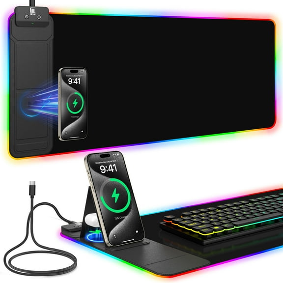 Miroddi RGB Gaming Mouse Pad with Wireless Charger, LED Mouse Mat with Phone Holder, Ultra-Smooth Surface, Non-Slip Rubber Base, Waterproof Keyboard Pad
