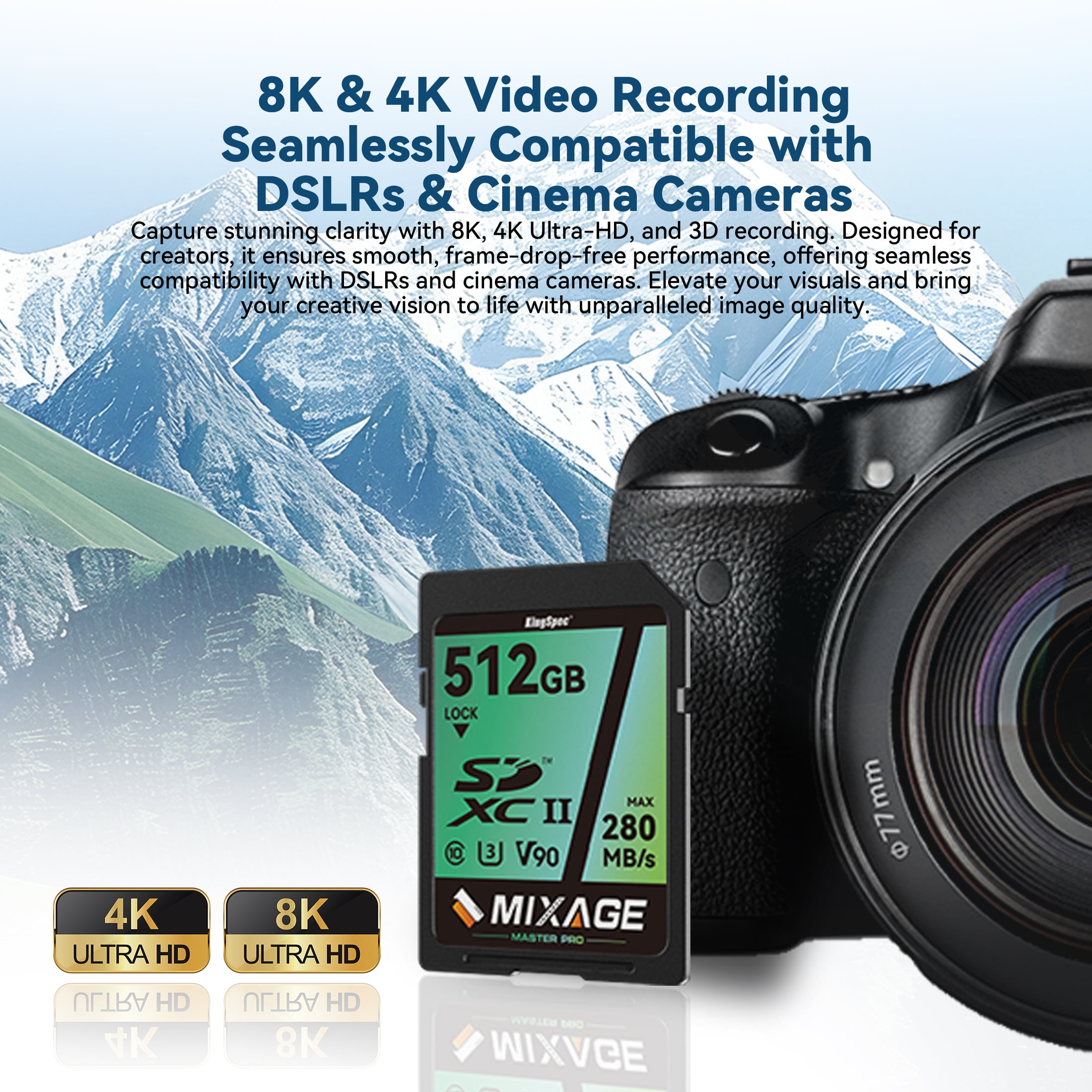 KingSpec MIXAGE 128GB SDXC U3 V90 A1 C10 UHS-II, 280MB/s Read 269MB/s Write 8K 4K UHD Flash Memory Card SD Card for Cameras