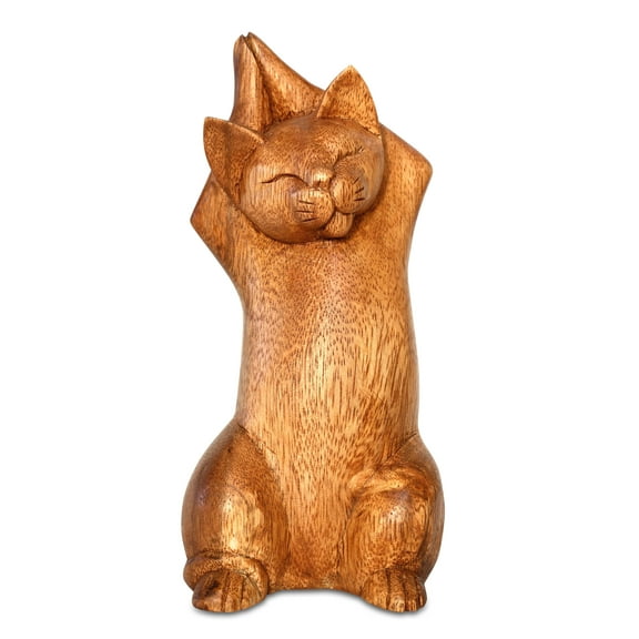 G6 Collection 8" Wooden Handmade Hand Carved Yoga Upward Salute Pose Cat Sculpture Statue Home Decor