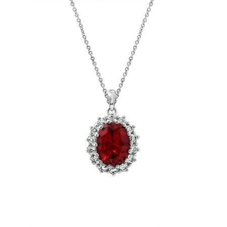 Estate Platinum Ruby - Gemour Platinum Plated Sterling Silver created Ruby with Swarovski accent Pendant Necklace, 18