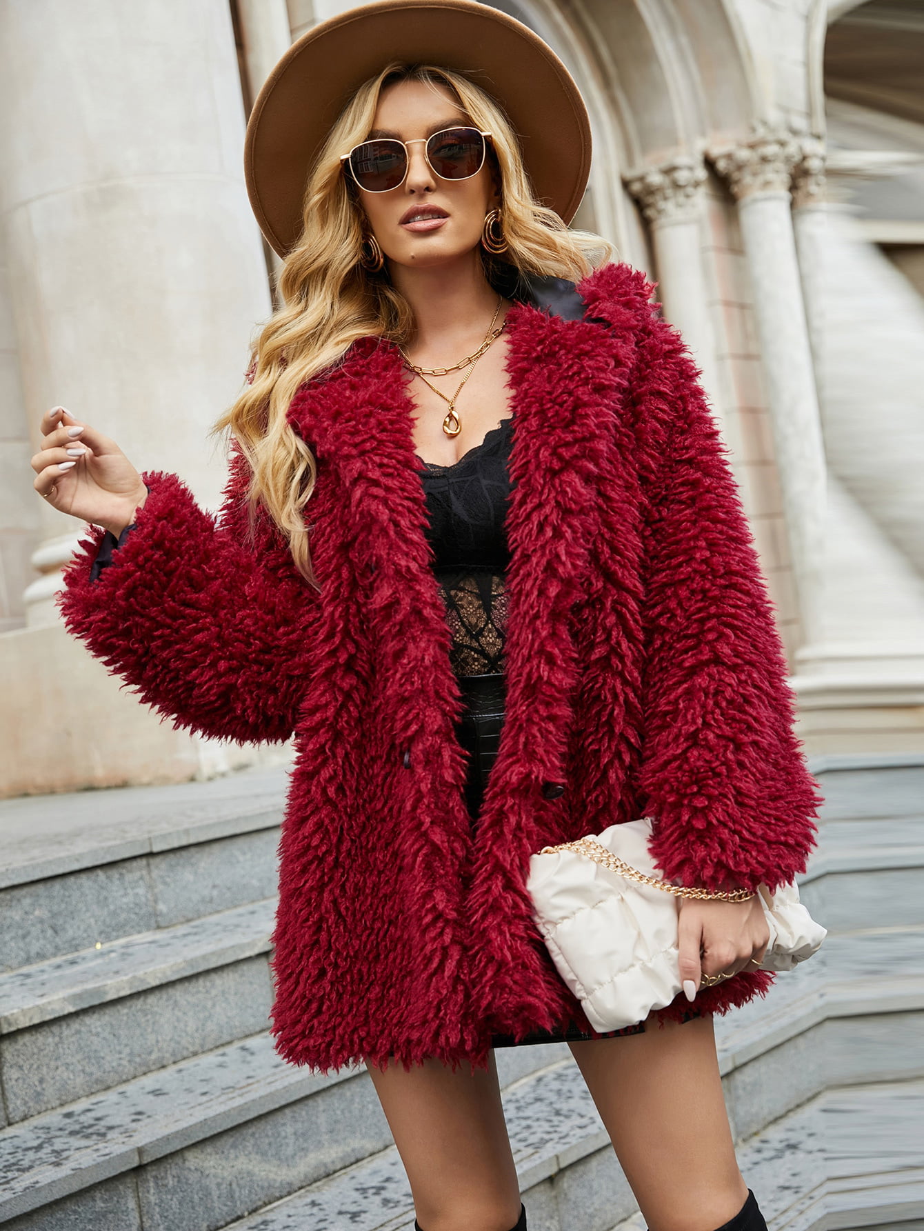 Choies Womens Reversible Faux Fur Winter Hooded Cardigan Coat Black/Beige/Burgundy 