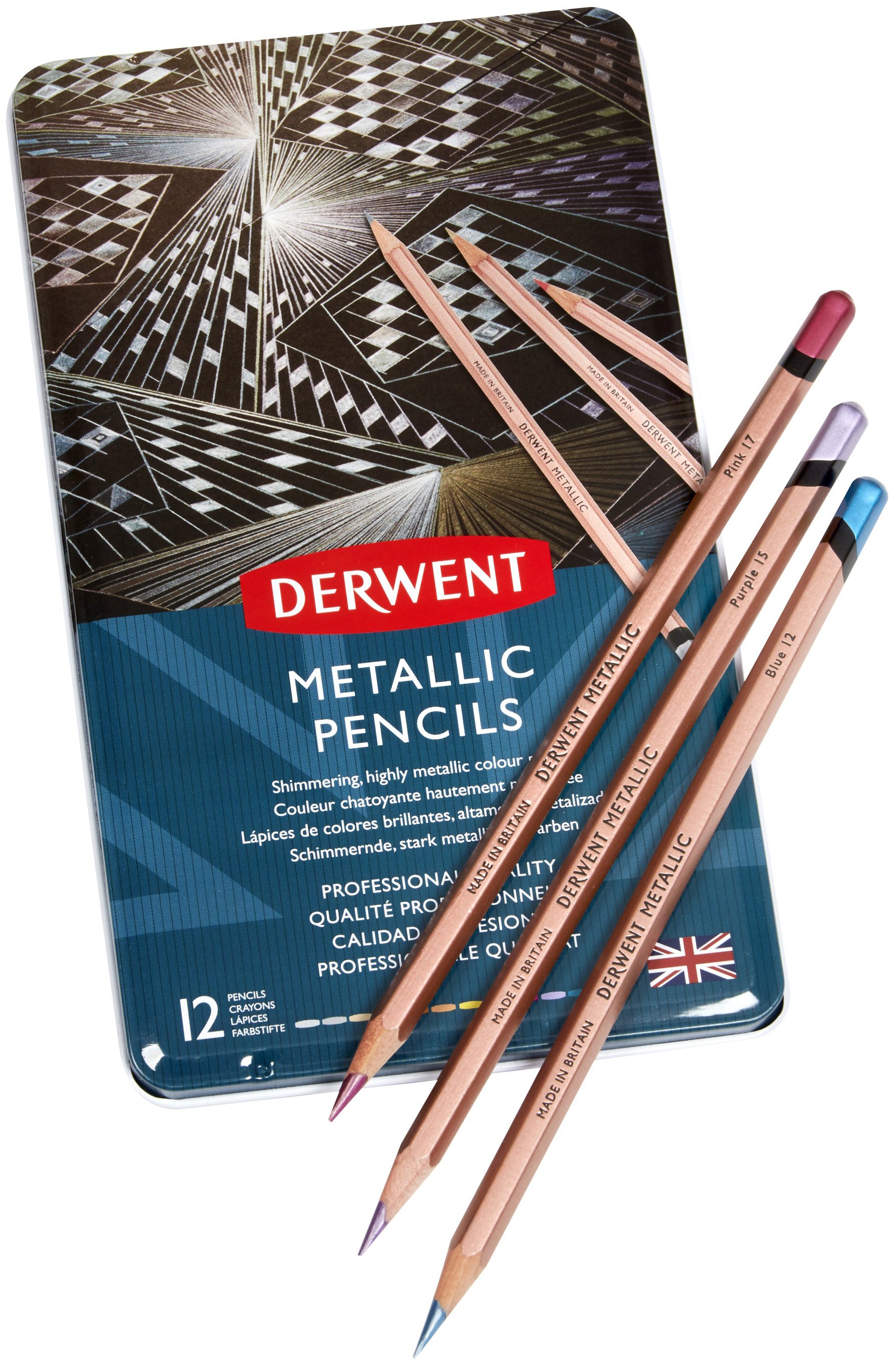 Derwent Metallic Pencils W/Tin 12/Pkg-