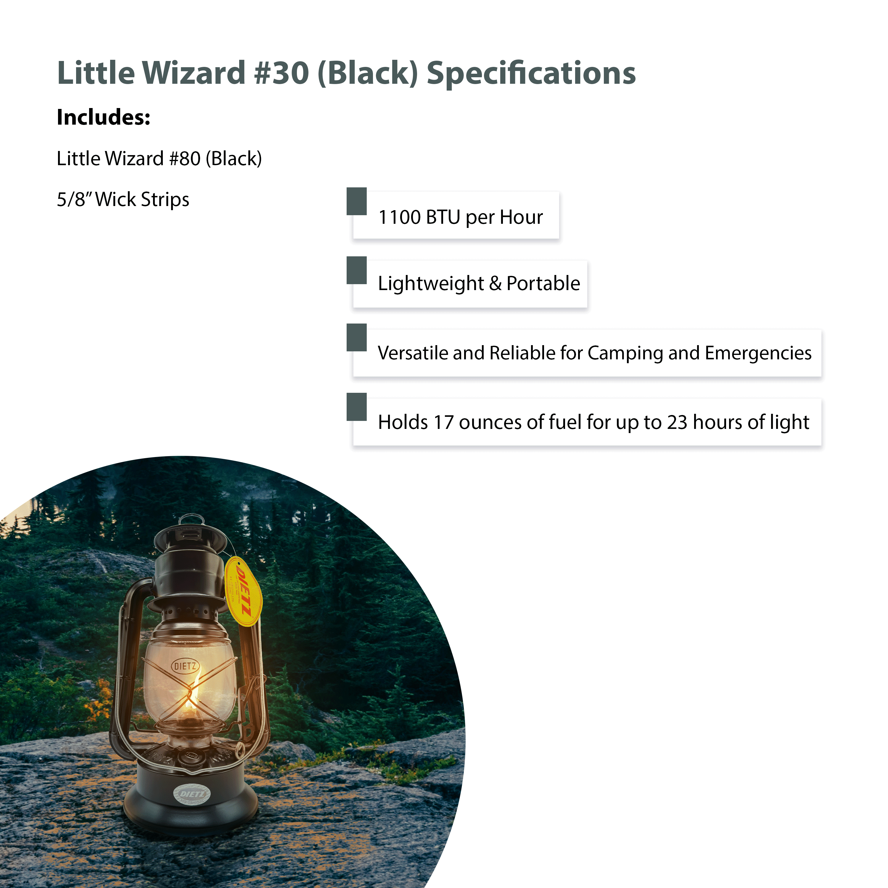 Light of Mine - Dietz #30 Little Wizard Black Oil Lantern Bundle Including 6-Pack of 100% Cotton 5/8" Replacement Wick Strips (#30, BLK)