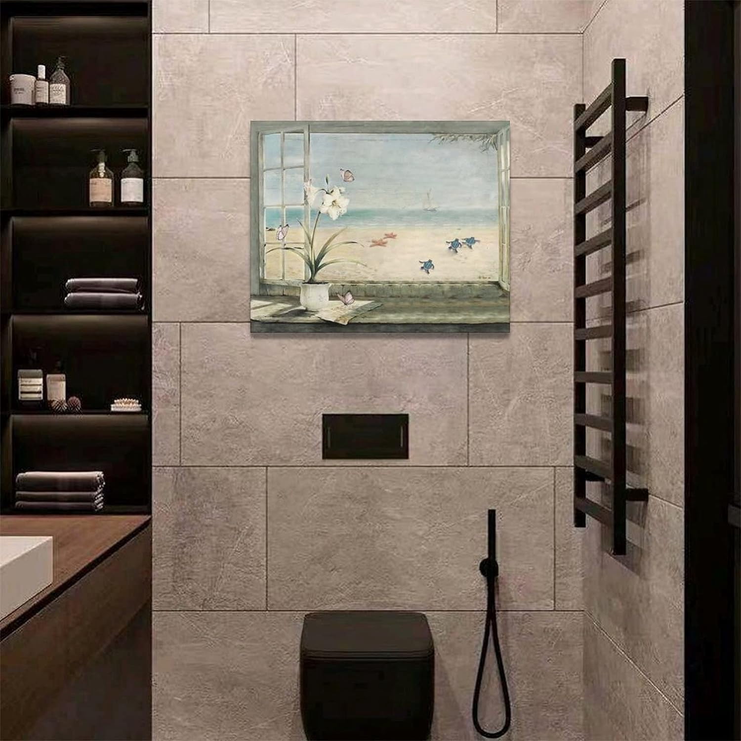 Beach Bathroom Wall Art Coastal Flower Ocean Turtle Butterfly Pictures Bathroom Wall Decor Floral Bathroom Canvas Prints Painting Beach Decorations Framed Artwork for Bathroom Bedroom 20"x16"