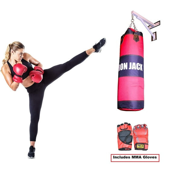 Heavy Bag Boxing Punching Bag Full Set 3 in 1 Kit with Mount and MMA Gloves - Heavy Kickboxing Unfilled Sandbag with Wall Mount and Hanger Chains