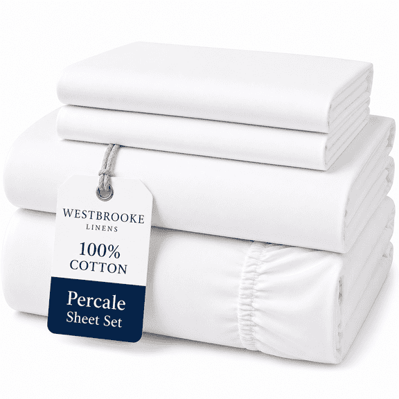 Westbrooke 100% Cotton Percale Sheet Set Queen, Crisp & Breathable Bed Sheets, Deep Pocket Fitted Sheet, 4 Piece Bedding Set, White