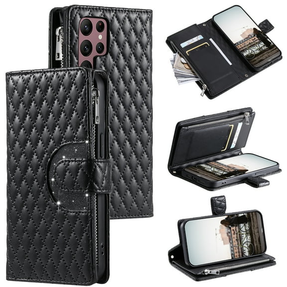 for Samsung Galaxy S24 Ultra Wallet Case, Classic PU Leather Phone Case for Women Men with Zipper Credit Card Holder Wrist Strap Crossbody Strap Shockproof Flip Case for S24 Ultra, Black