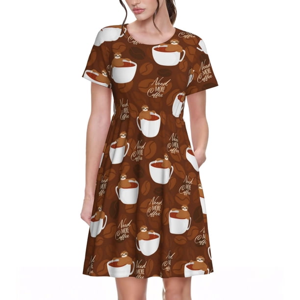 Fotbe Cute Sloths Bear Relaxing In Coffee Cup Vestido Largo de Moda para Mujer, Vestido Tipo Camiseta con Manga Corta y Estilo Casual a Rayas y Bloques de Color