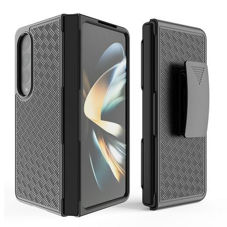 For Samsung Galaxy Z Fold 4 5G Hybrid Built-in Kickstand Holster Combo 3in1 Swivel Belt Clip Armor PC Shockproof Cover ,Xpm Phone Case [ Black ]