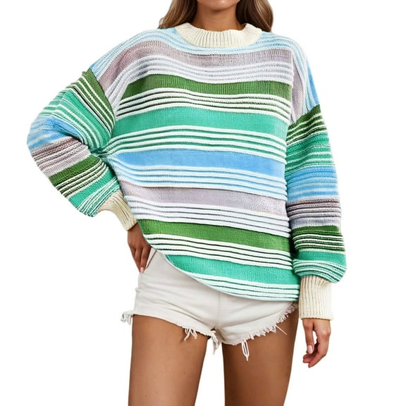 Essentials Women's Sweater Rainbow Stripe Patchwork Long Sleeve Ribbed Hem y2k Streetwear Lightweight Sweaters