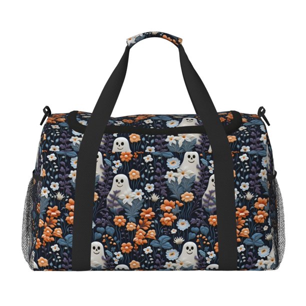 Fotbe Cute ghost in the flowers Bolsa de Viaje con Estampado, Bolsa de Fin de Semana para Mujer con Compartimento para Zapatos, Bolsa de Gimnasio con Bolsillo Húmedo