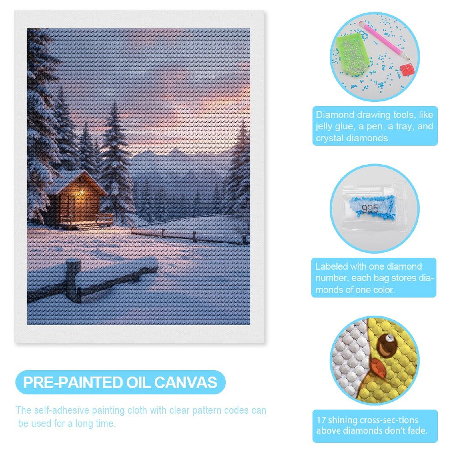 Diamond Art Kits for Adults, Winter Cabin Mountain Sunset Scene 5D Diamond Painting Kits for Adults Beginners, DIY Full Drill Diamond Painting, Gem Art and Crafts 12x16