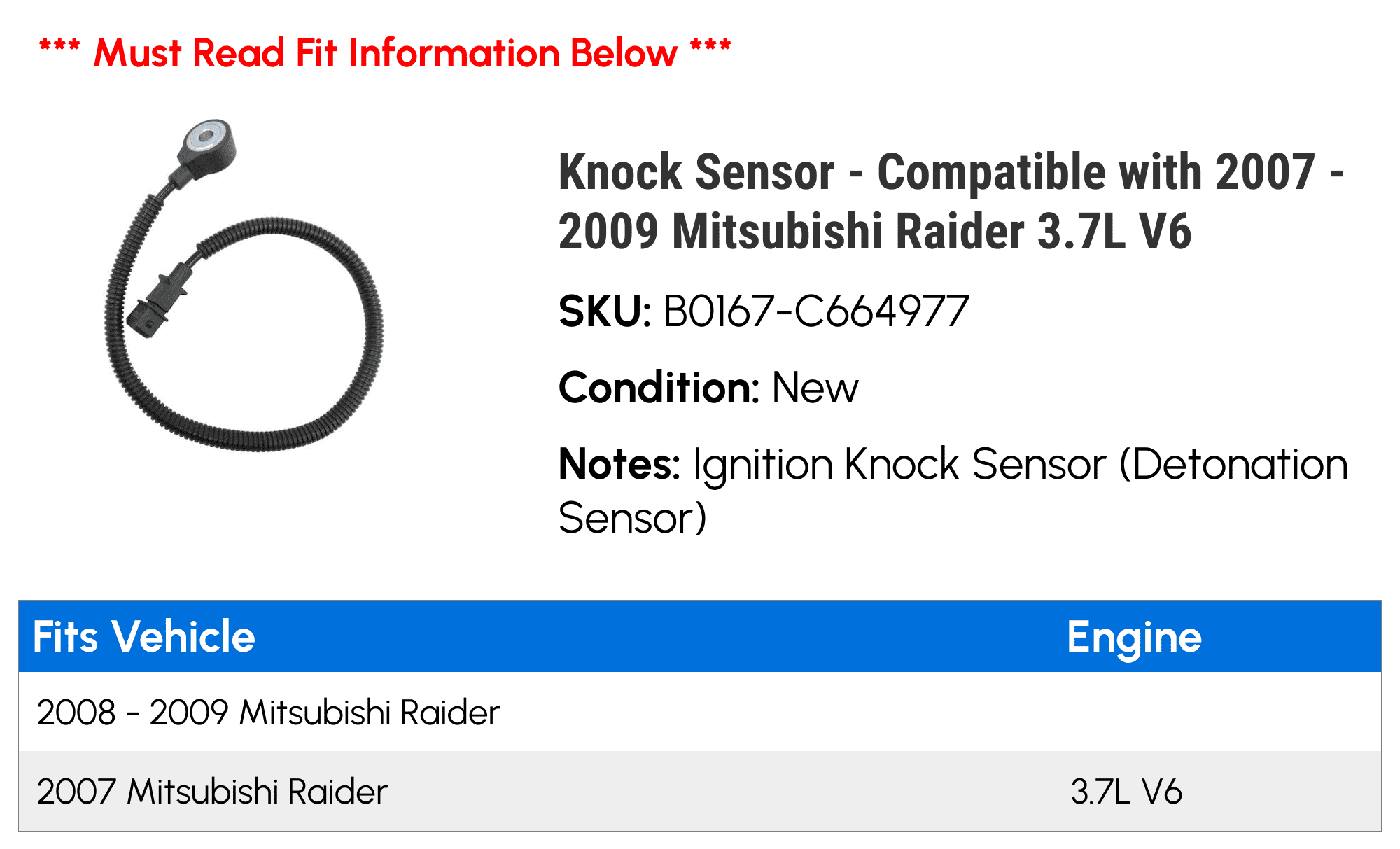 Knock Sensor - Compatible with 2007 - 2009 Mitsubishi Raider 3.7L V6 2008