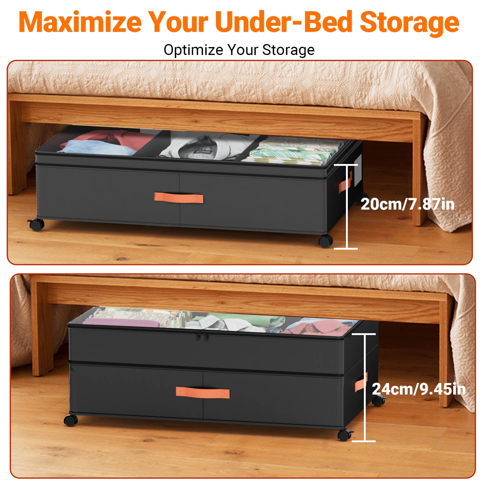 LIZEVINC 2-Pack Large Under Bed Storage with Wheels and Lids – Adjustable Height Rolling Storage Bins with Dividers, Space-Saving Underbed Organizer for Clothes, Shoes, Blankets（Black）